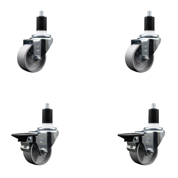 3'' Semi Steel Wheel Swivel 1-1/2'' Expanding Stem Caster Set 2 Brakes, 4PK